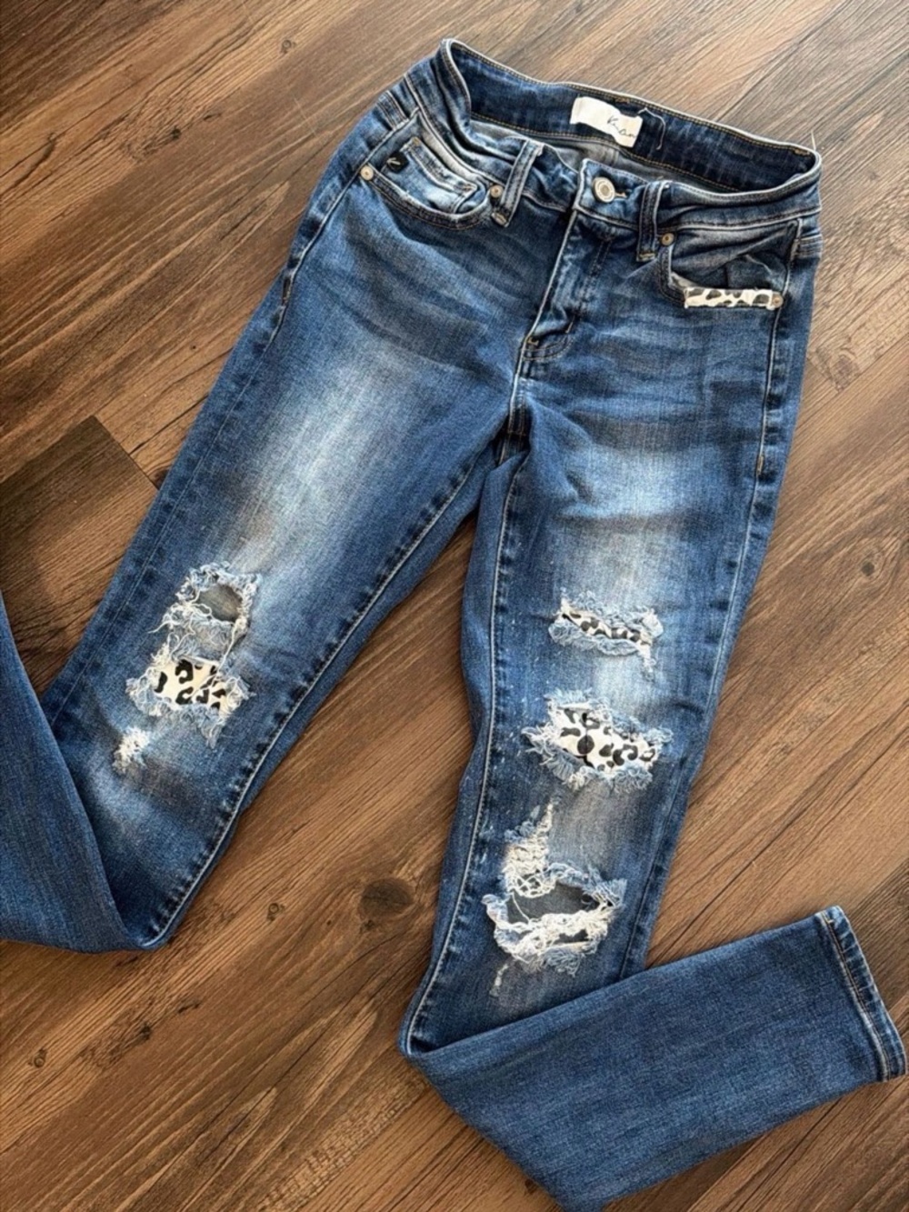 KanCan Blue Skinny Jeans with Leopard Patch Distressing
